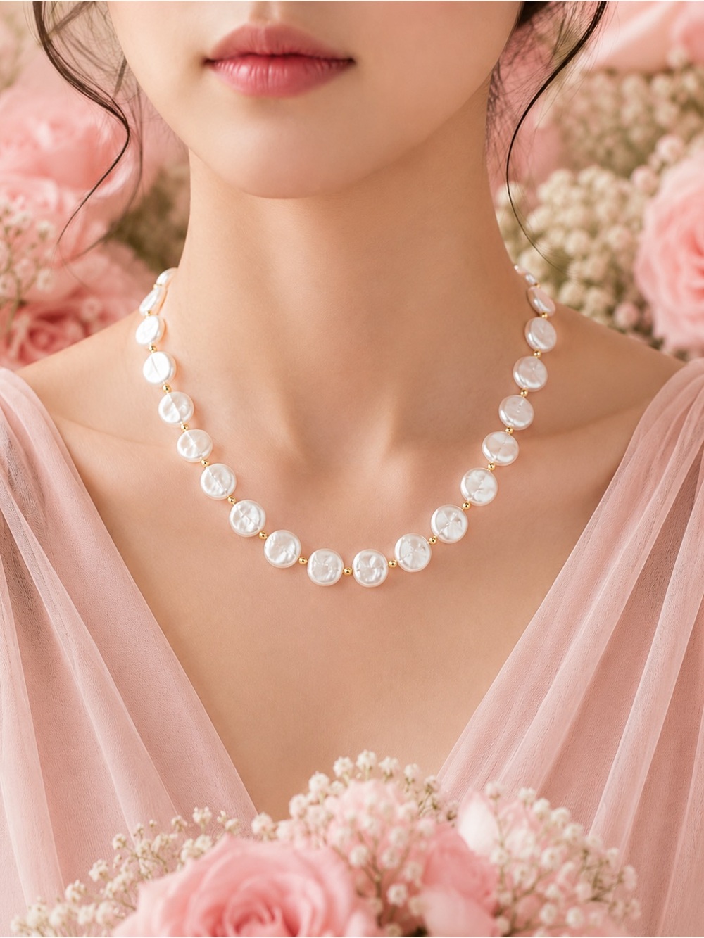 Elegant White Pearl Disc Necklace - Picture 2 of 5